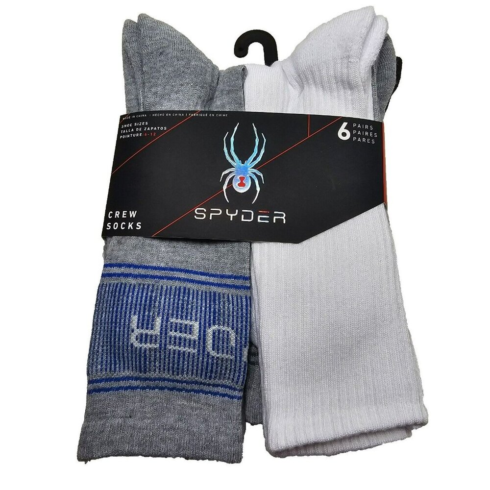 Spyder 6-Pack Half Cushion Crew Socks Men's Shoe Size 6-12 Black White Gray